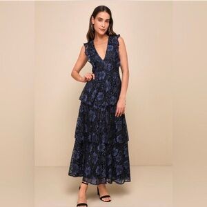 Lulus Molinetto Navy Blue Lace Ruffled Tiered Maxi Dress